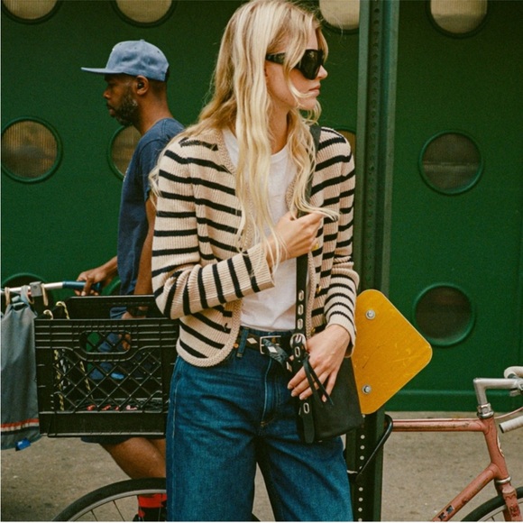 Rag & Bone Sweater Nancy Cardigan Wool-Blend in Oatmeal Navy Striped - Picture 3 of 11